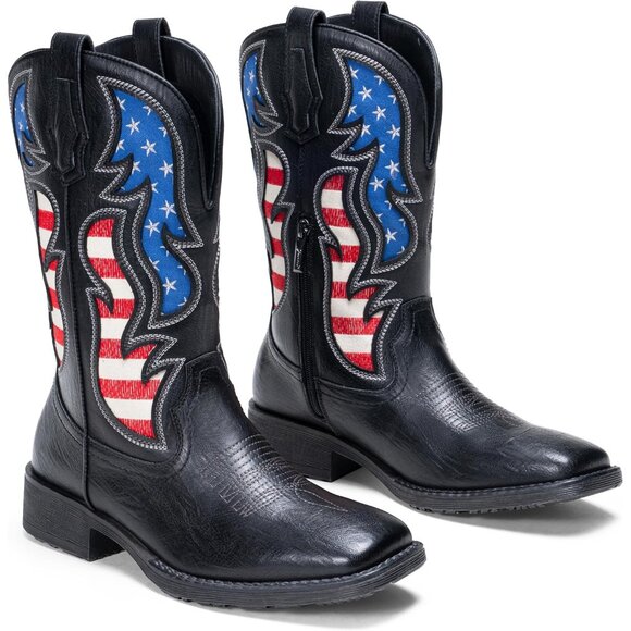 Men\'s Black 1 Western Boot Side Zipper American Flag Retro Square Toe Mid-Calf